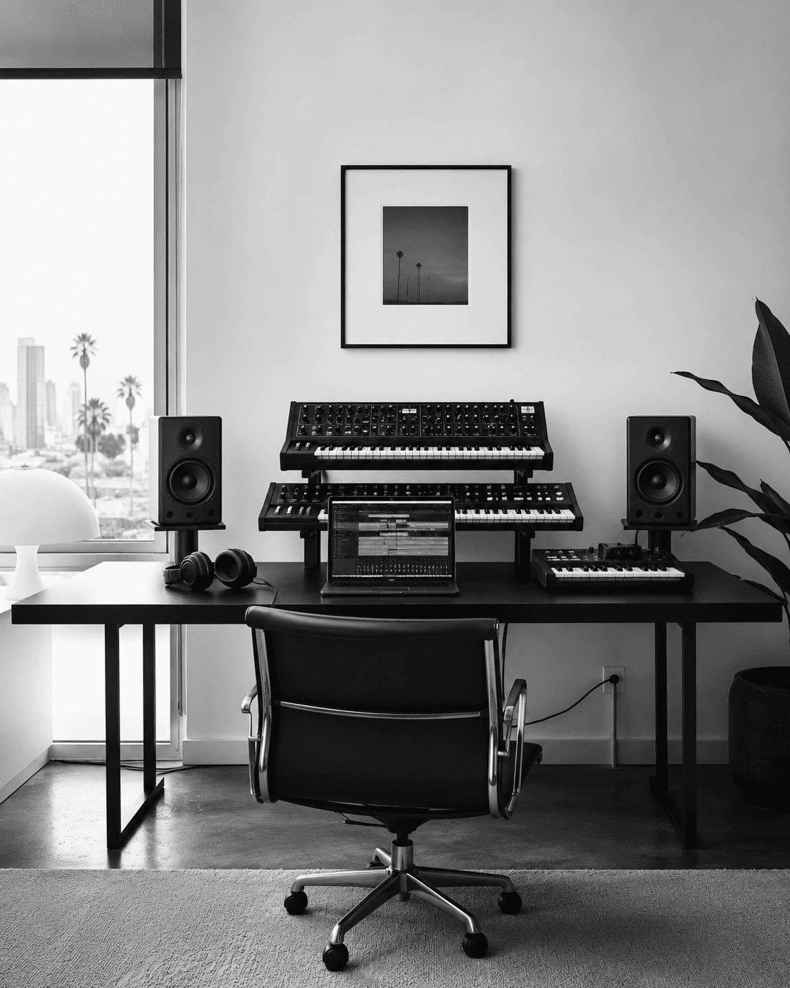 A home music studio with laptop, synths, and monitors by a window